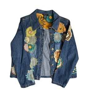 West End petite boho Jean jacket with floral patchwork